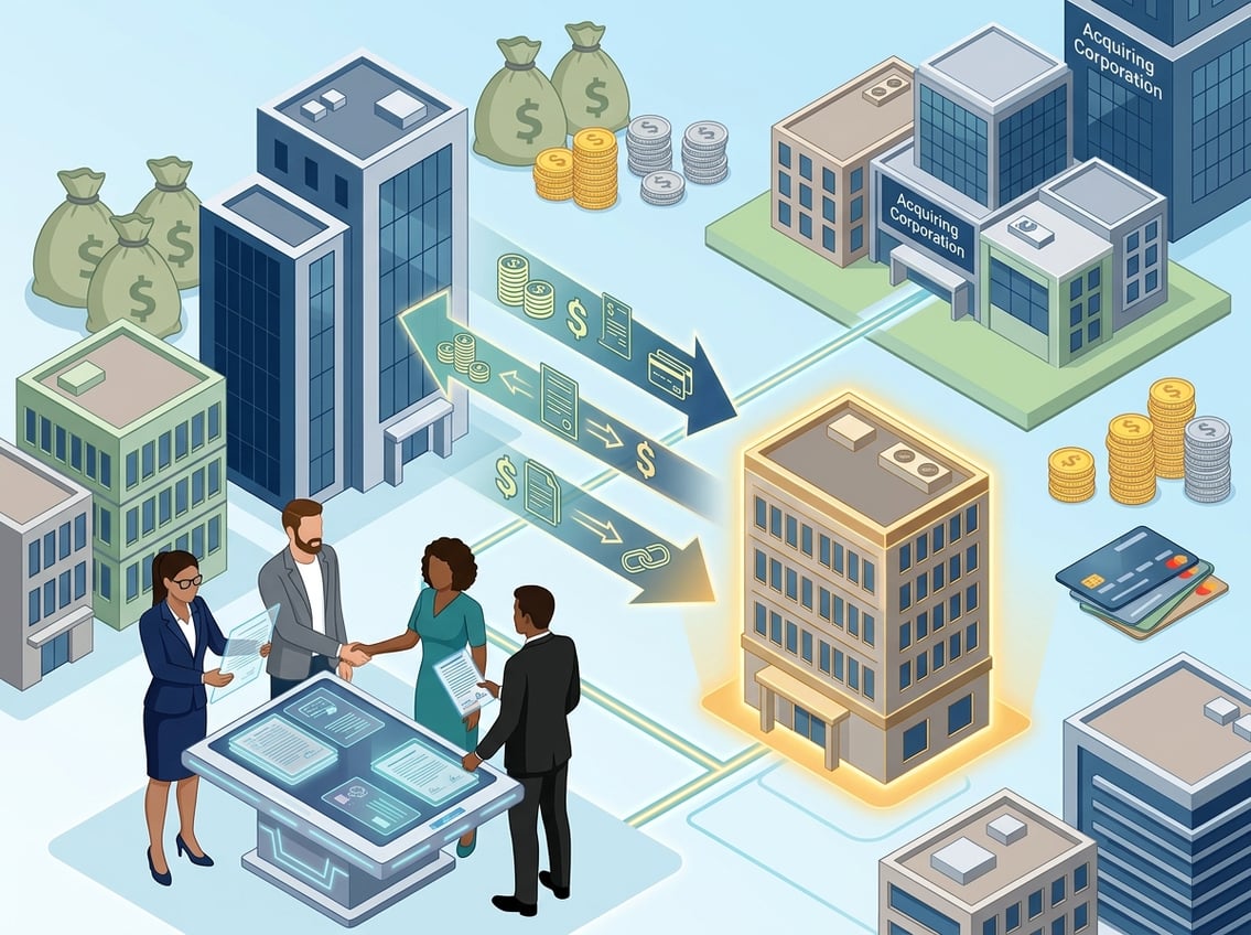 An isometric illustration showing office buildings connected by arrows and financial symbols, with business professionals shaking hands and reviewing documents, representing business acquisitions and financing.