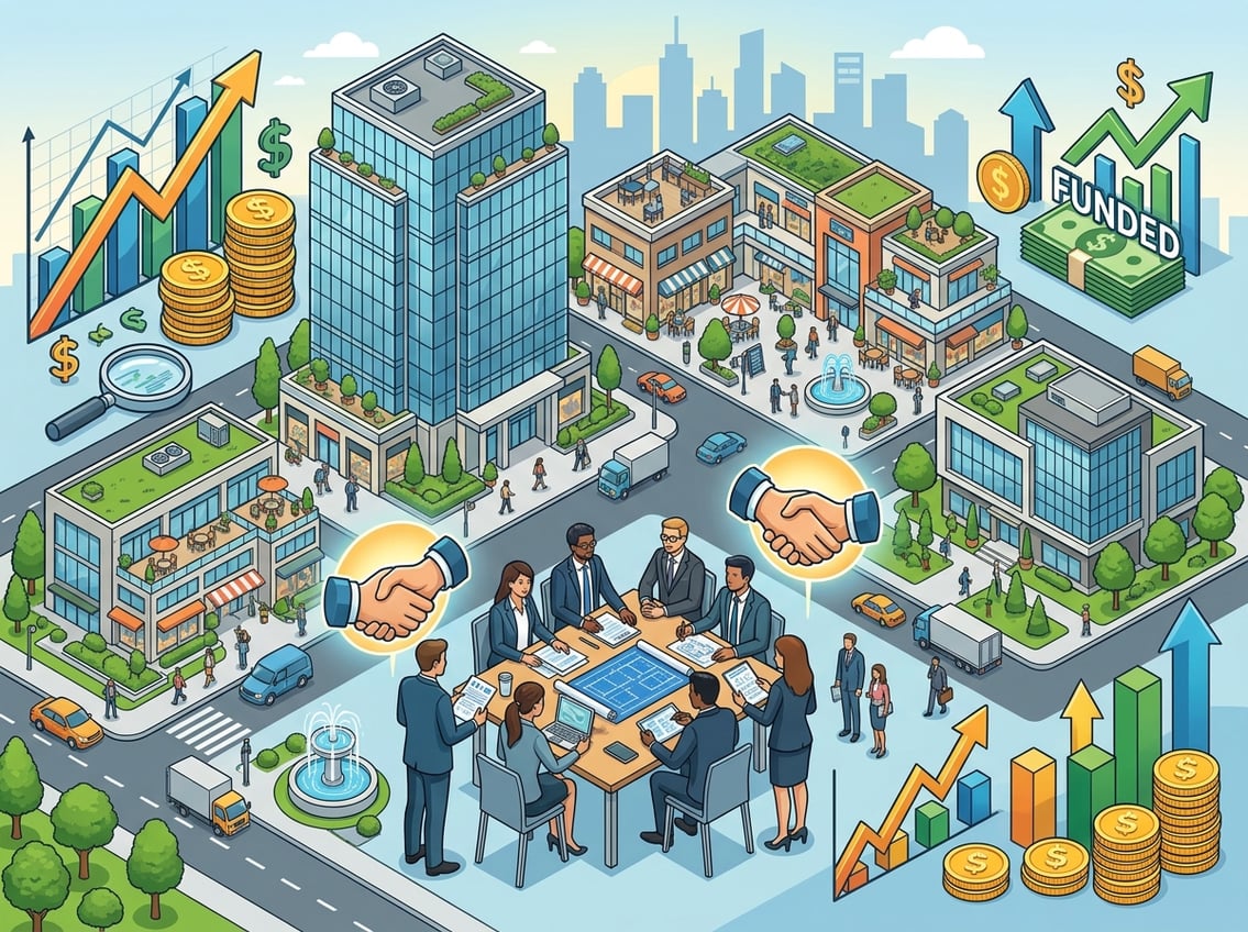 An isometric view of a commercial building complex with business professionals discussing nearby, surrounded by symbols of financial growth like coins, graphs, and handshake icons.