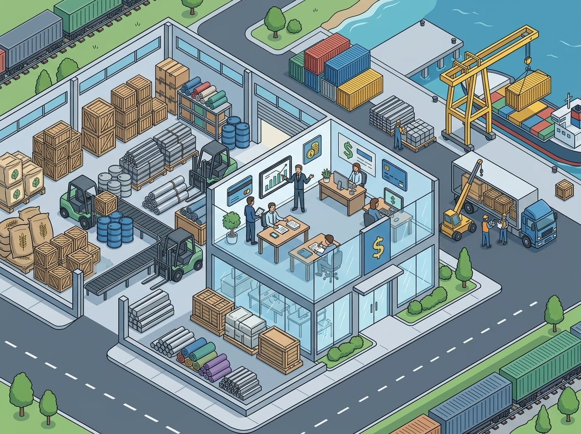 A detailed isometric scene showing a warehouse with stacked crates and barrels, an office with people discussing documents, a cargo truck being loaded, and shipping containers on a dock with a crane lifting one container.