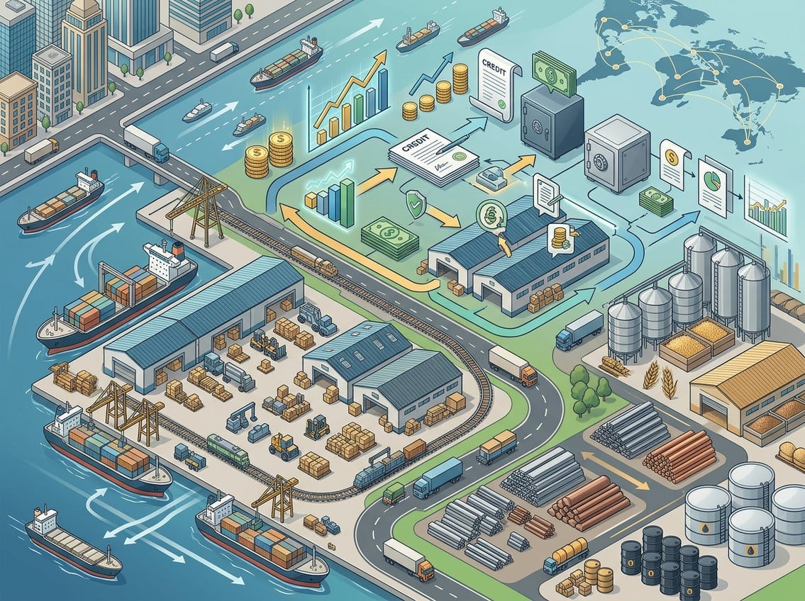 An isometric illustration showing warehouses, cargo ships, trucks, and stacks of commodities connected with financial symbols representing trade and inventory financing.