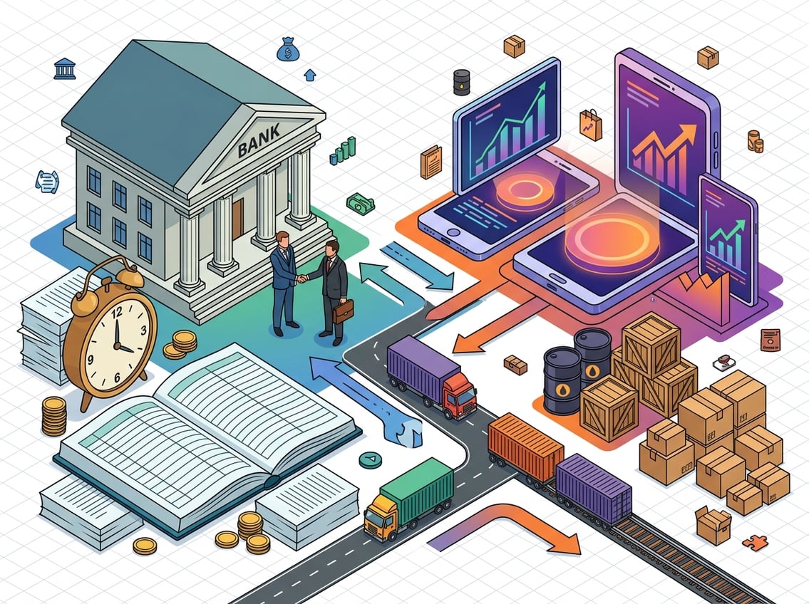An isometric illustration showing a side-by-side comparison of traditional lending with a bank and paperwork, and private credit with digital devices and commodities like barrels and crates, connected by trade flows with trucks and shipping containers.