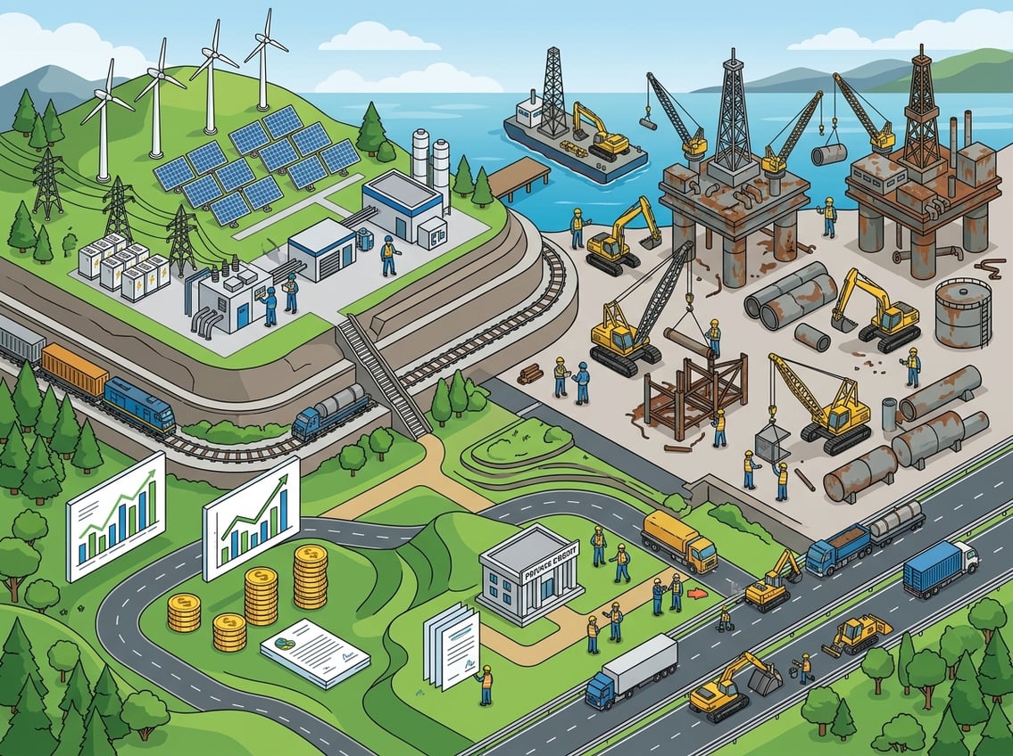 An industrial complex with wind turbines, solar panels, cranes dismantling old structures, construction vehicles, and workers coordinating activities, representing energy projects and decommissioning efforts with financial elements like coins and charts integrated.