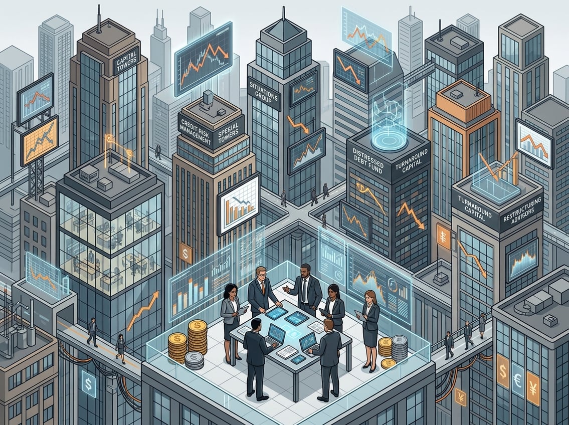 An isometric view of business professionals analyzing financial data and charts in a cityscape with office buildings, representing complex financial situations.