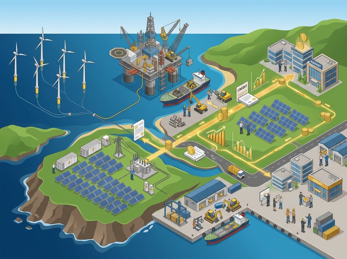 An isometric illustration showing energy production with wind turbines and solar panels, an oil rig being dismantled, and financial elements like coins and graphs integrated into the scene.