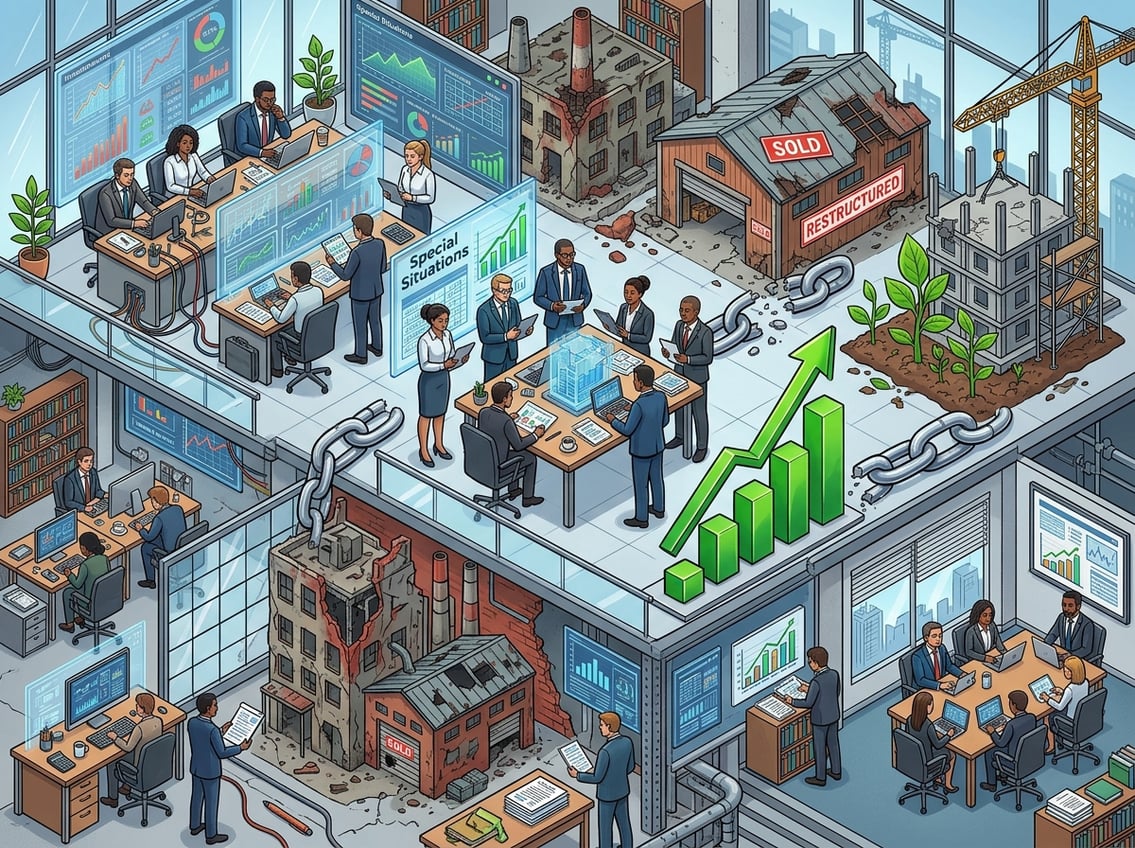 An isometric illustration showing professionals analyzing financial data and distressed assets in an office environment, with symbols of risk and recovery.