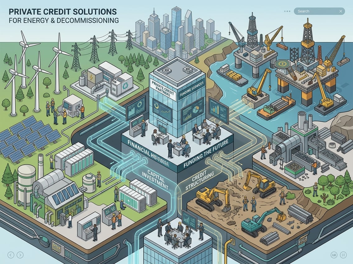 An isometric illustration showing energy infrastructure like wind turbines and solar panels alongside decommissioning activities such as dismantling oil rigs, connected by visual representations of financial flows and people working together.