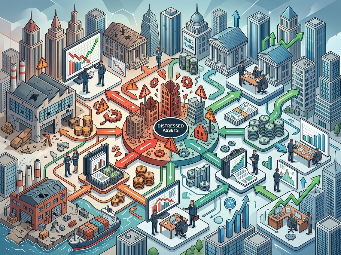 An isometric scene showing interconnected financial elements including distressed assets, investment vehicles, office buildings, and business people analyzing charts and managing investments.