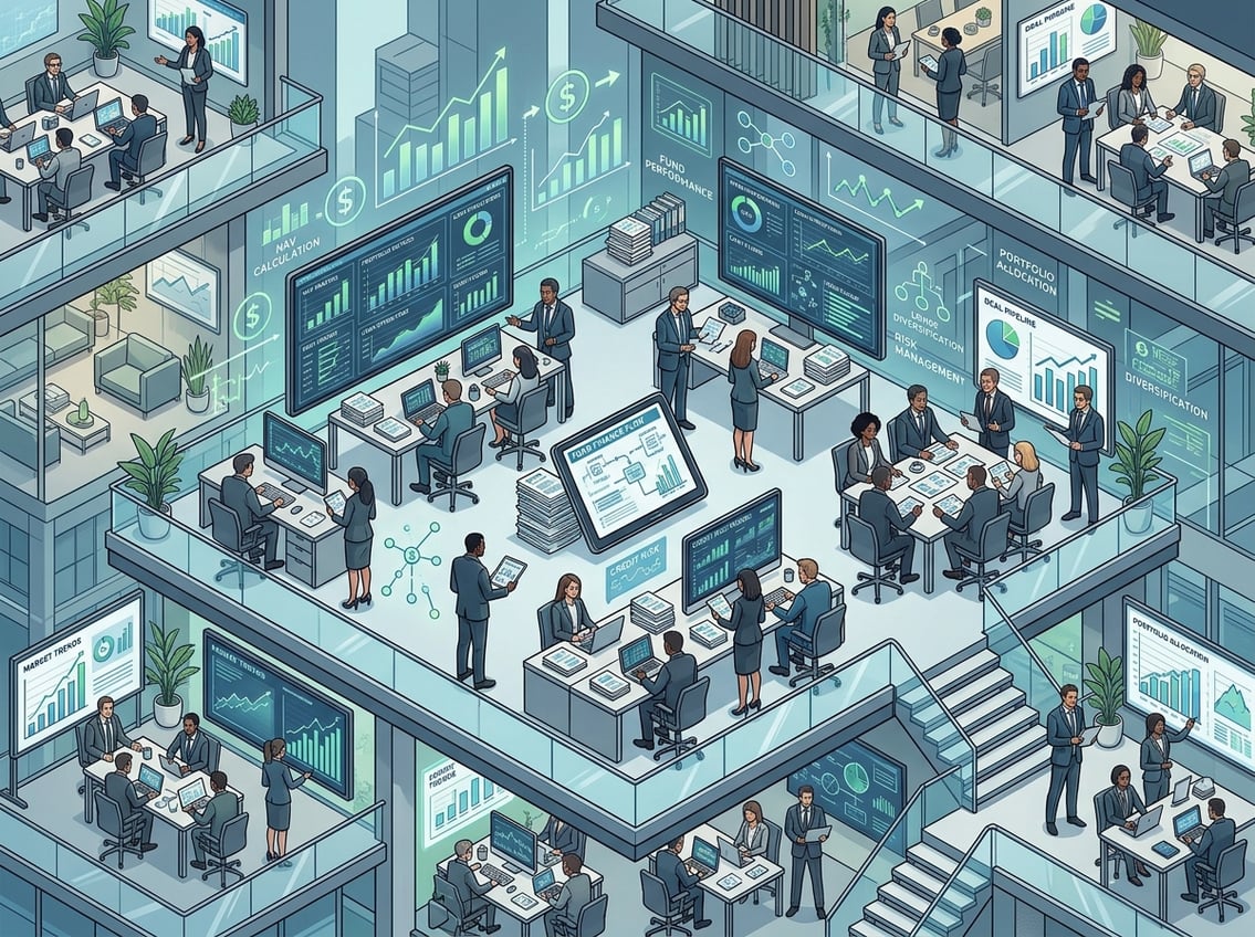 A detailed office scene showing professionals working with financial data and charts on digital screens, collaborating around desks in a modern workspace.