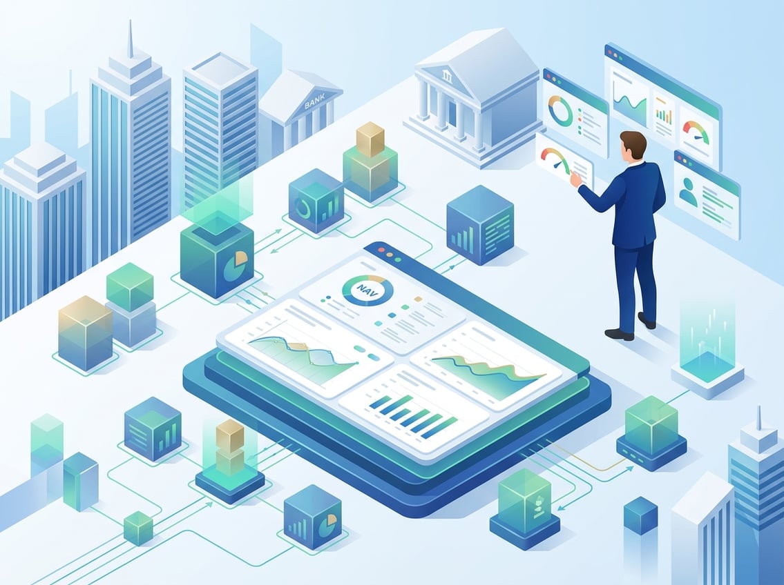 An isometric illustration showing a financial office with digital dashboards, floating data blocks, and a professional analyzing fund and credit information, set against a cityscape of bank buildings.