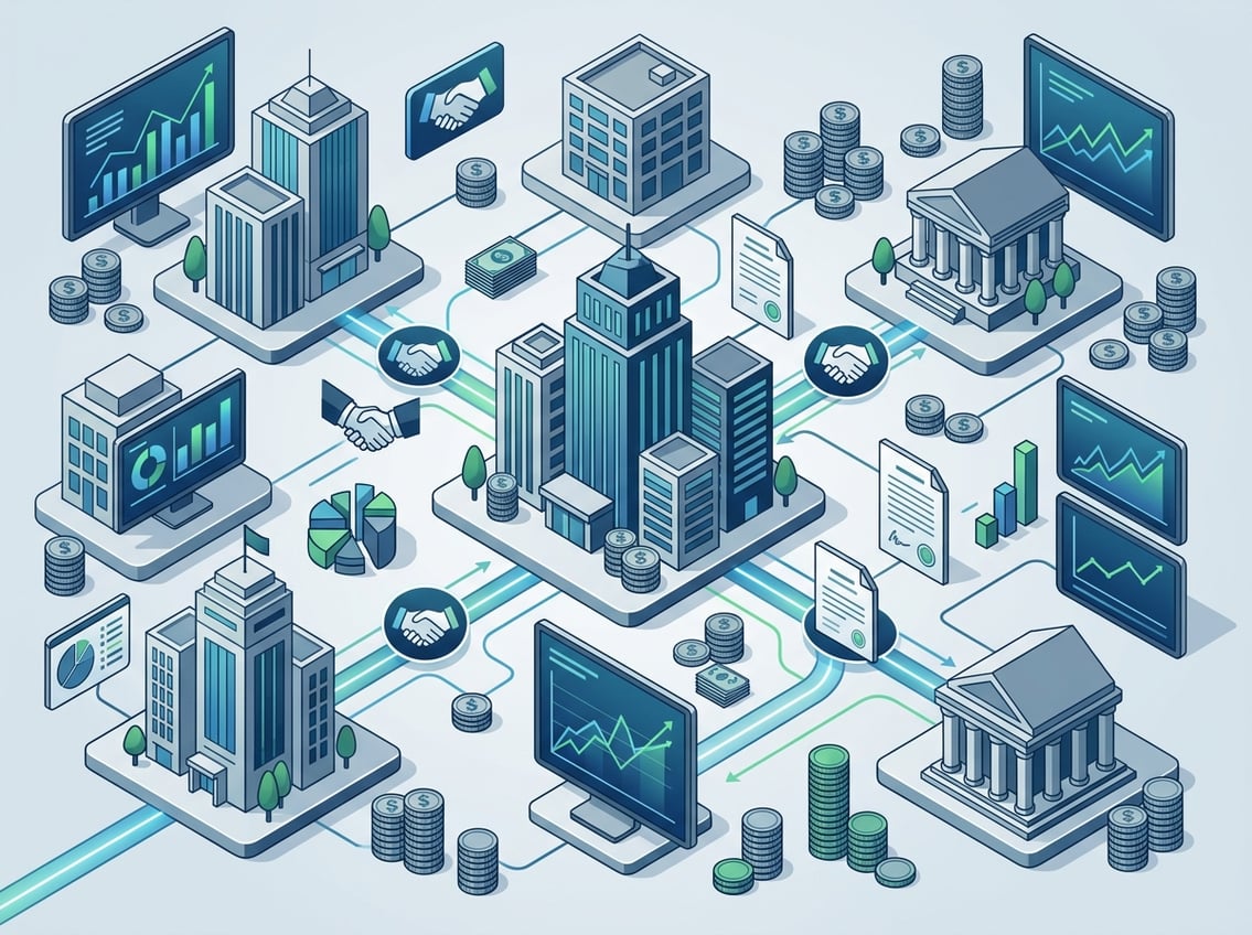 An isometric illustration showing interconnected financial buildings, stacks of coins, digital charts, and icons representing private credit and asset portfolios, symbolizing different fund finance structures.