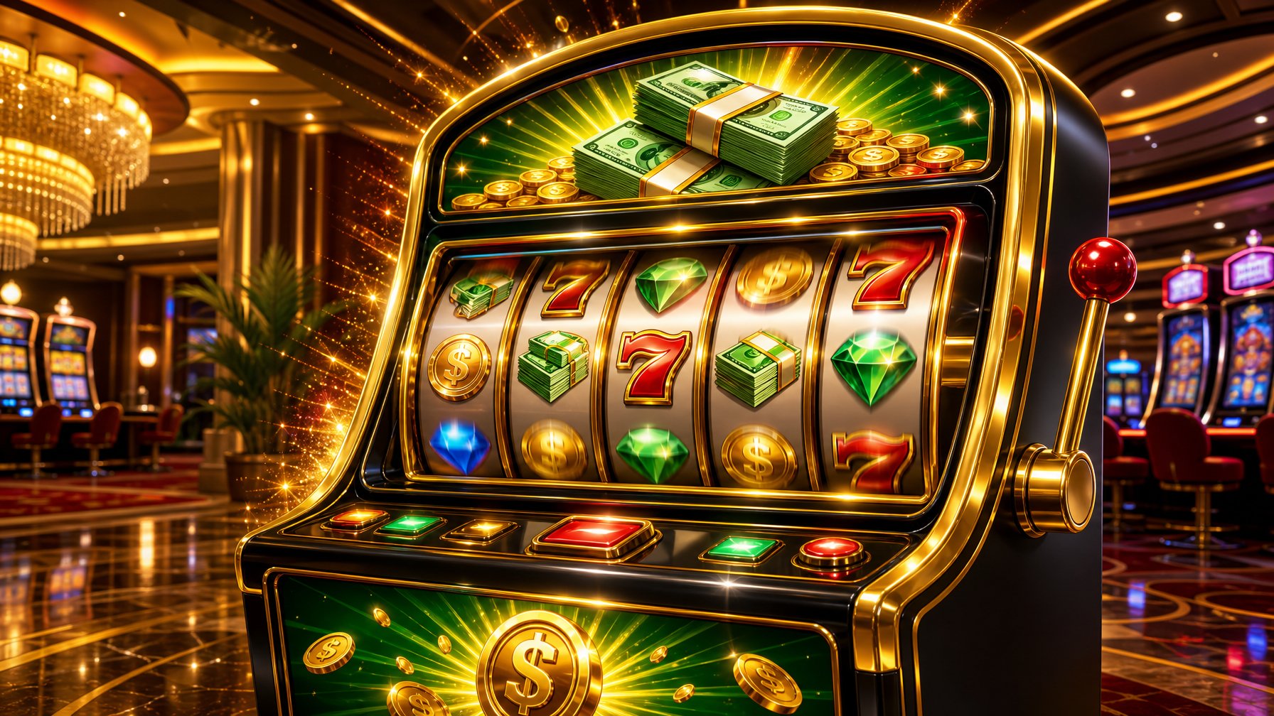 A Colorful Slot Machine With Spinning Reels Showing Cash And Coins Inside A Casino Setting.
