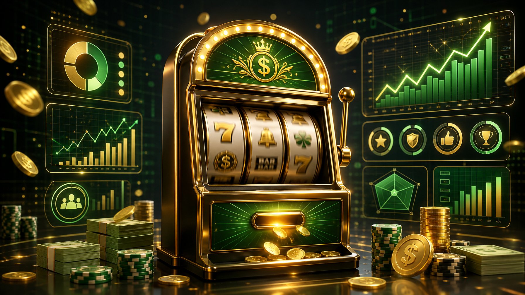 A Vibrant Slot Machine Surrounded By Abstract Charts And Arrows Representing Market Analysis And Game Evaluation.