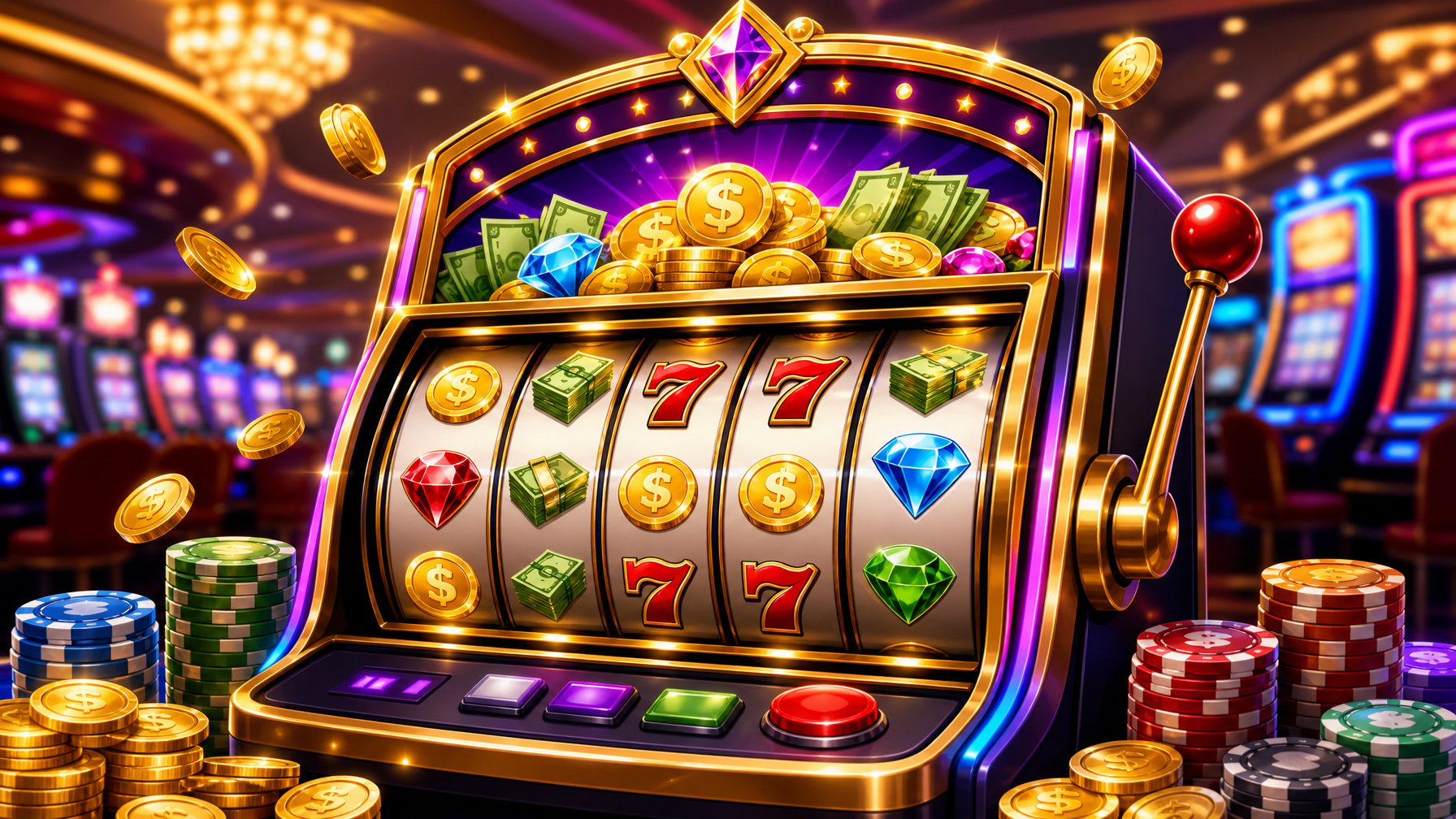 A Colorful Slot Machine With Spinning Reels Showing Coins, Dollar Bills, Sevens, And Gems, Set In A Lively Casino Environment.