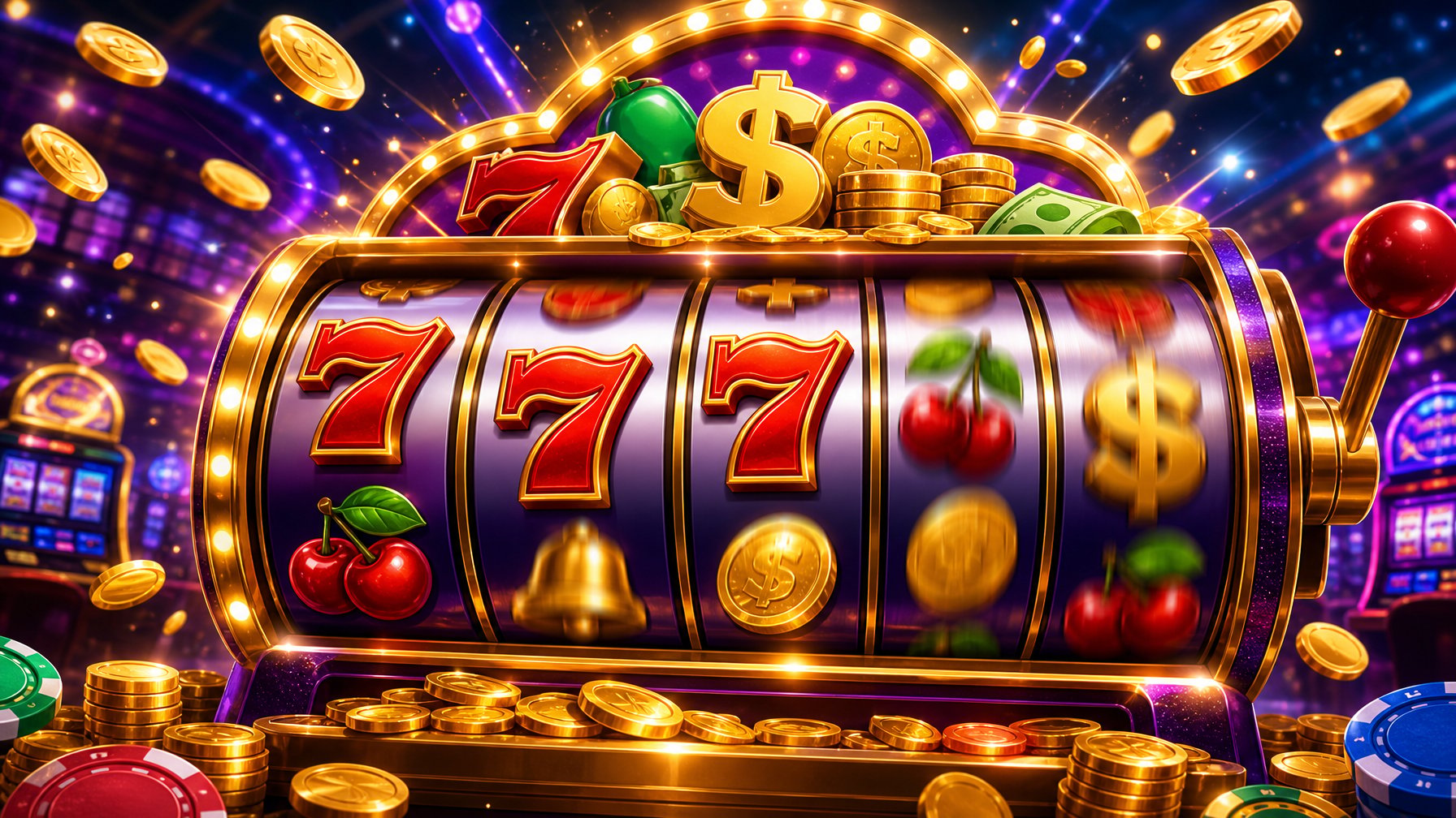A Colorful Slot Machine With Spinning Reels Showing Symbols Like Gold Coins, Lucky Sevens, Cherries, And Dollar Signs In A Lively Casino Setting.