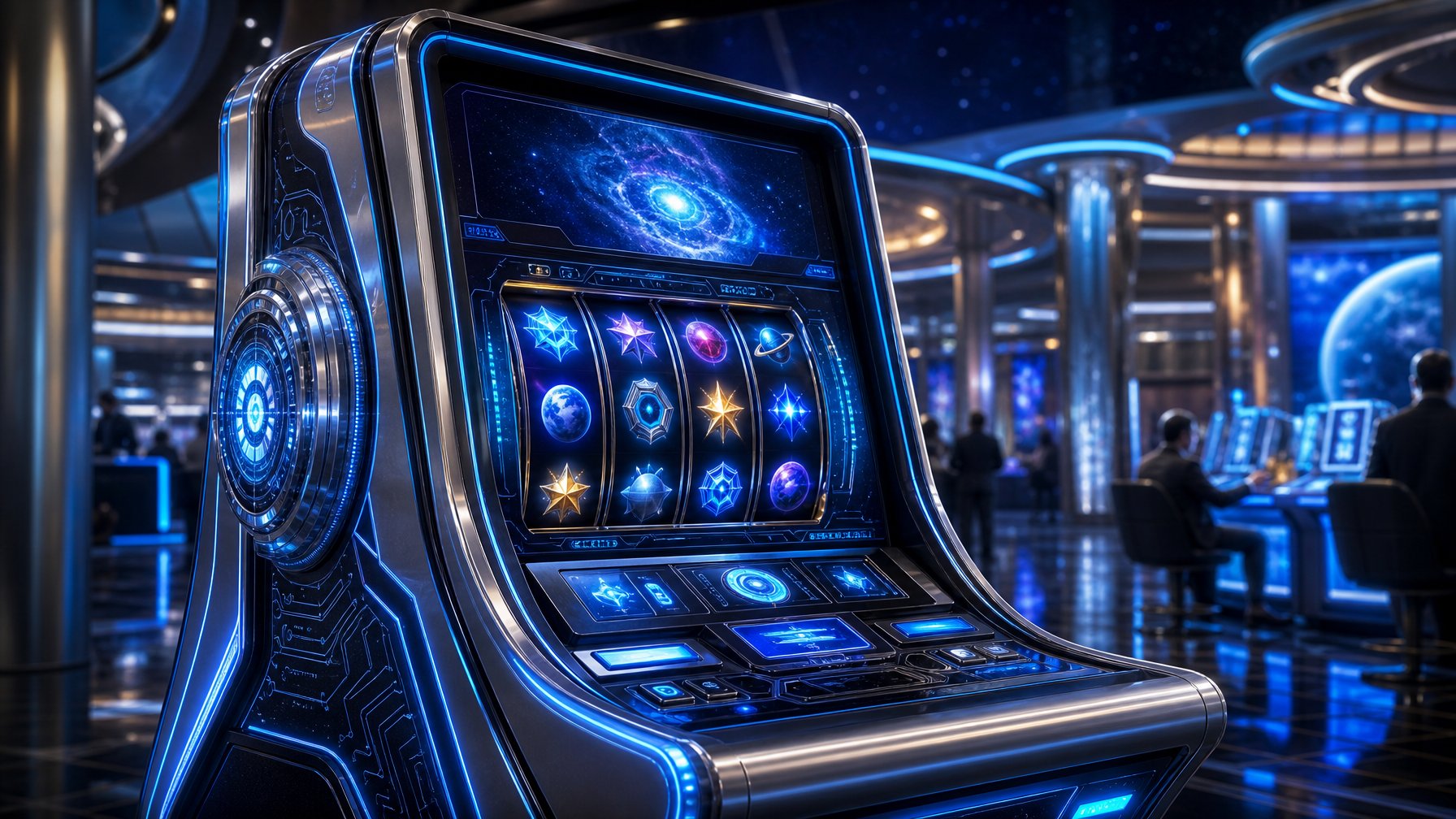 A Futuristic Slot Machine With Glowing Blue And Silver Accents In A Modern Casino Setting.