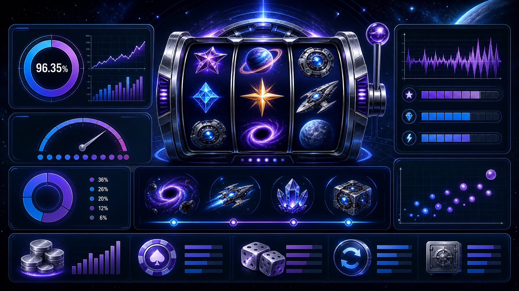 A Futuristic Slot Machine Reel Surrounded By Colorful Charts And Graphs Representing Key Statistics And Data.