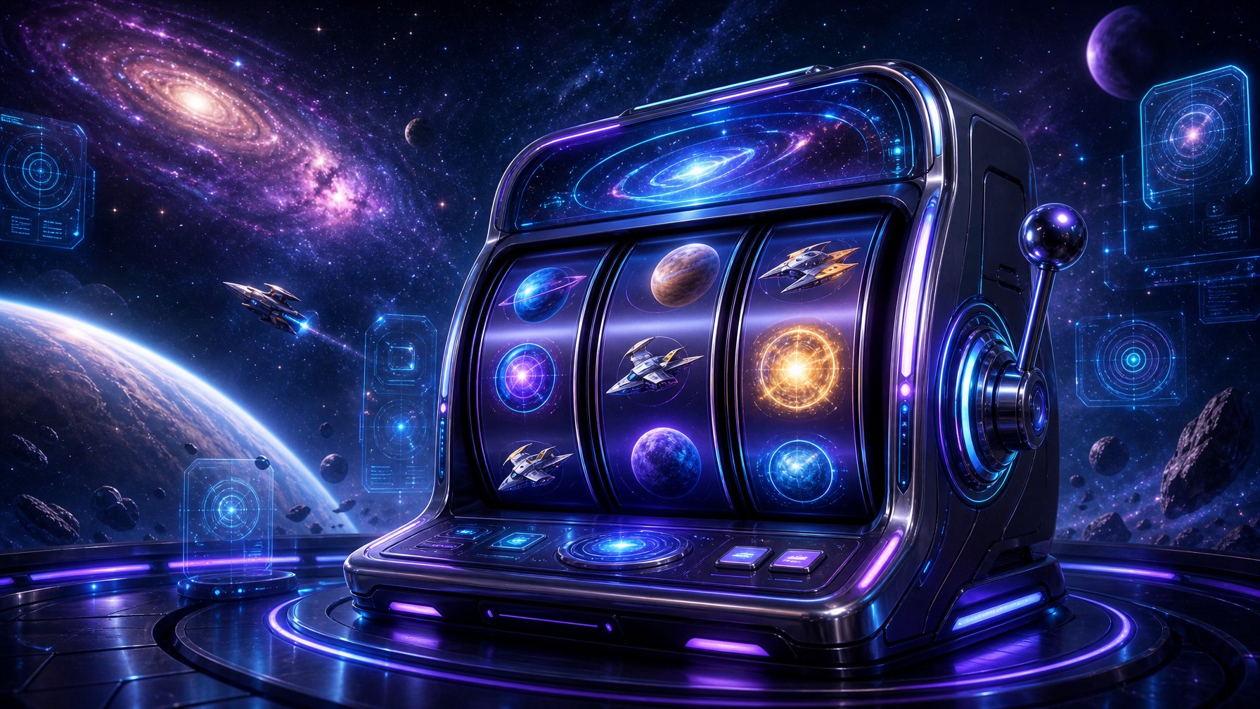 A Futuristic Slot Machine With Three Reels Showing SpaceThemed Symbols Against A Starry Cosmic Background.