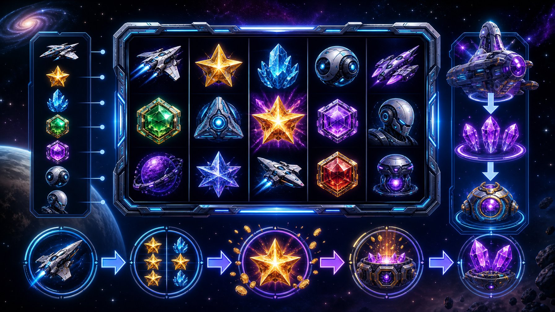 A Futuristic Slot Machine With CosmicThemed Symbols Set Against A Starry Space Background, Showing Elements That Represent The Game's Flow And Mechanics.