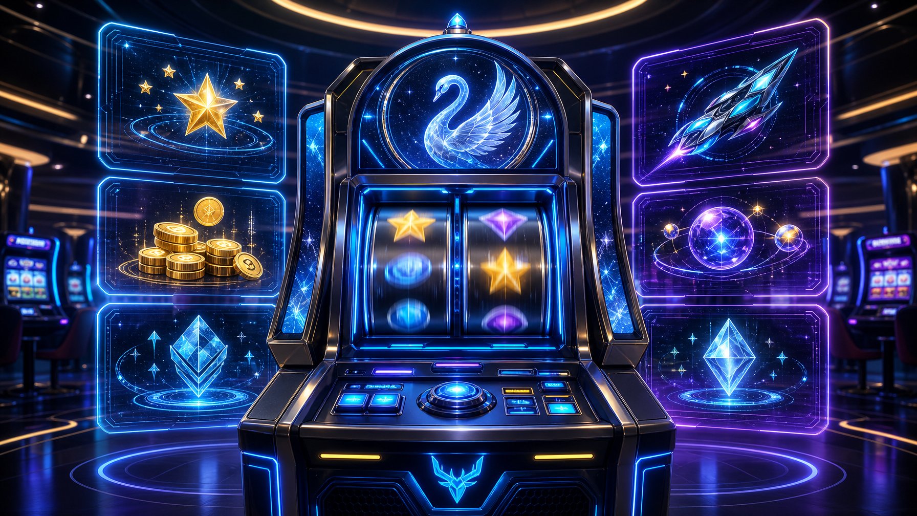 A Futuristic Slot Machine With Two Reels Surrounded By Glowing Holographic Displays Showing Bonus Features And Options In A Modern Casino Setting.