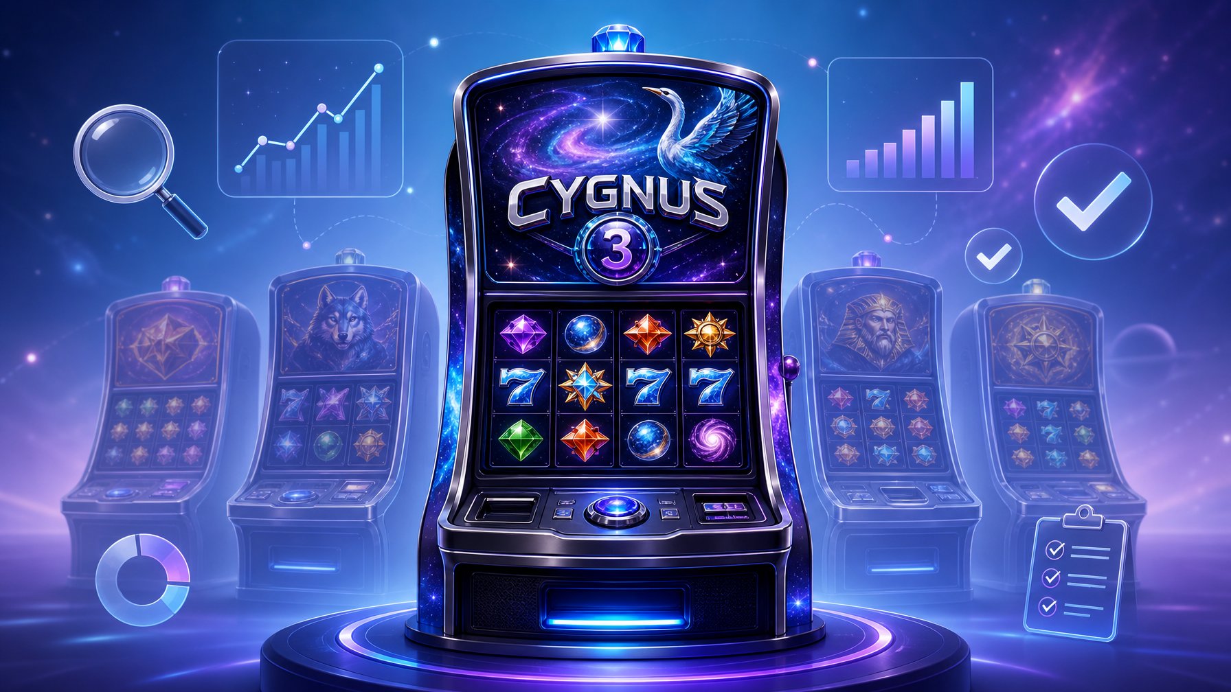 Illustration Of A Futuristic Slot Machine With Cosmic Designs Surrounded By Smaller Slot Machines And ReviewRelated Icons.