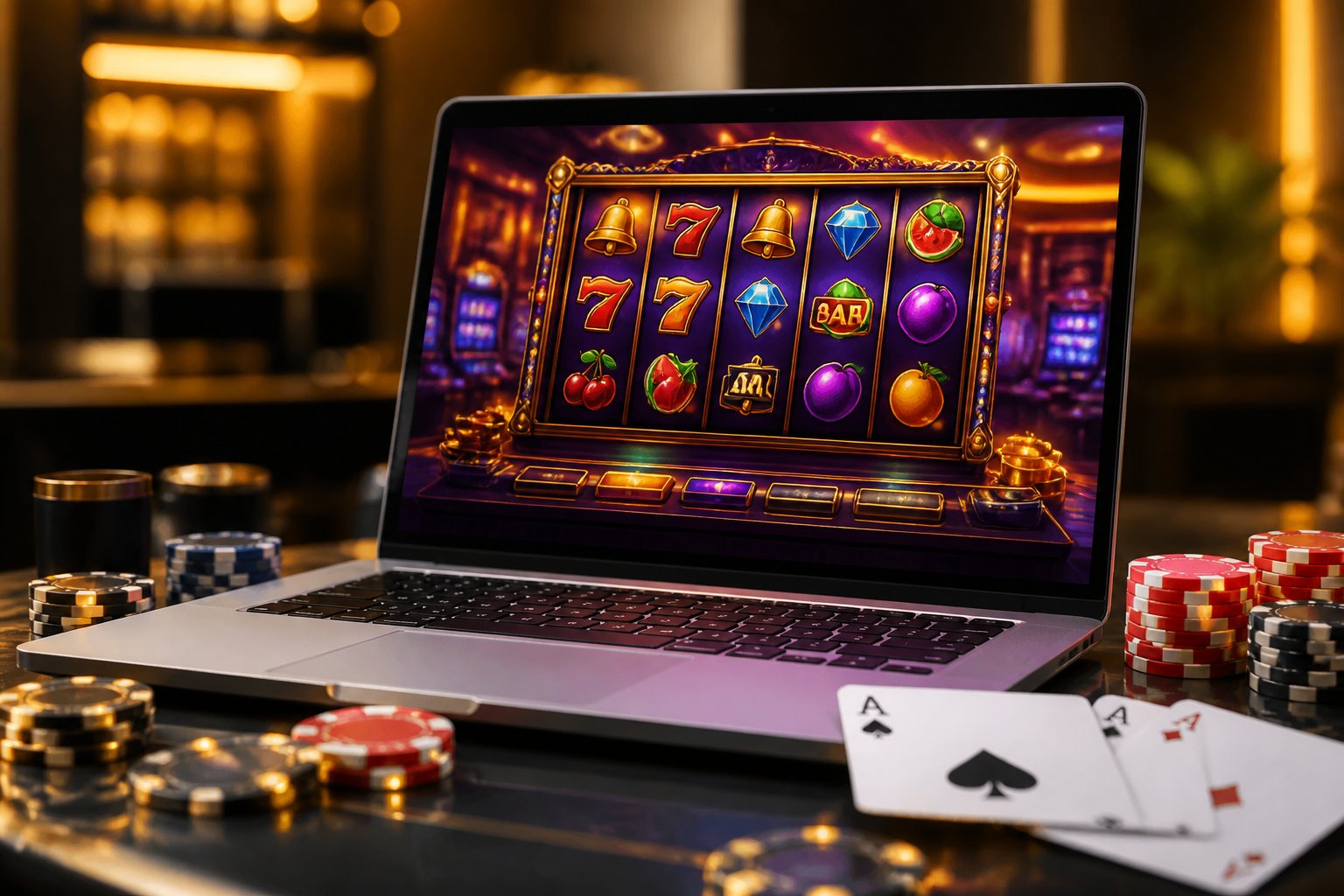 A laptop displaying colorful online casino games with poker chips and playing cards nearby on a table.