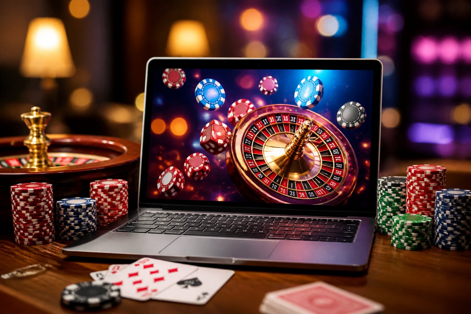 A laptop surrounded by poker chips, playing cards, and a roulette wheel on a wooden table in a gaming environment.