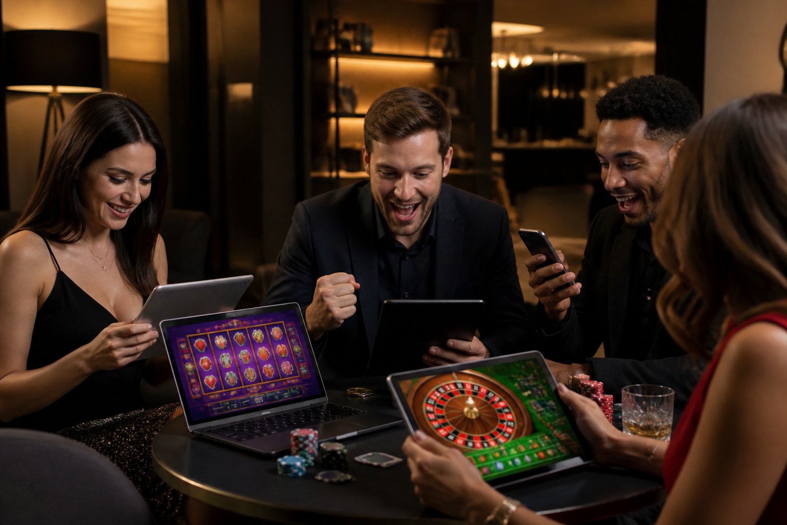 People using laptops and smartphones to play online casino games in a modern, comfortable setting.