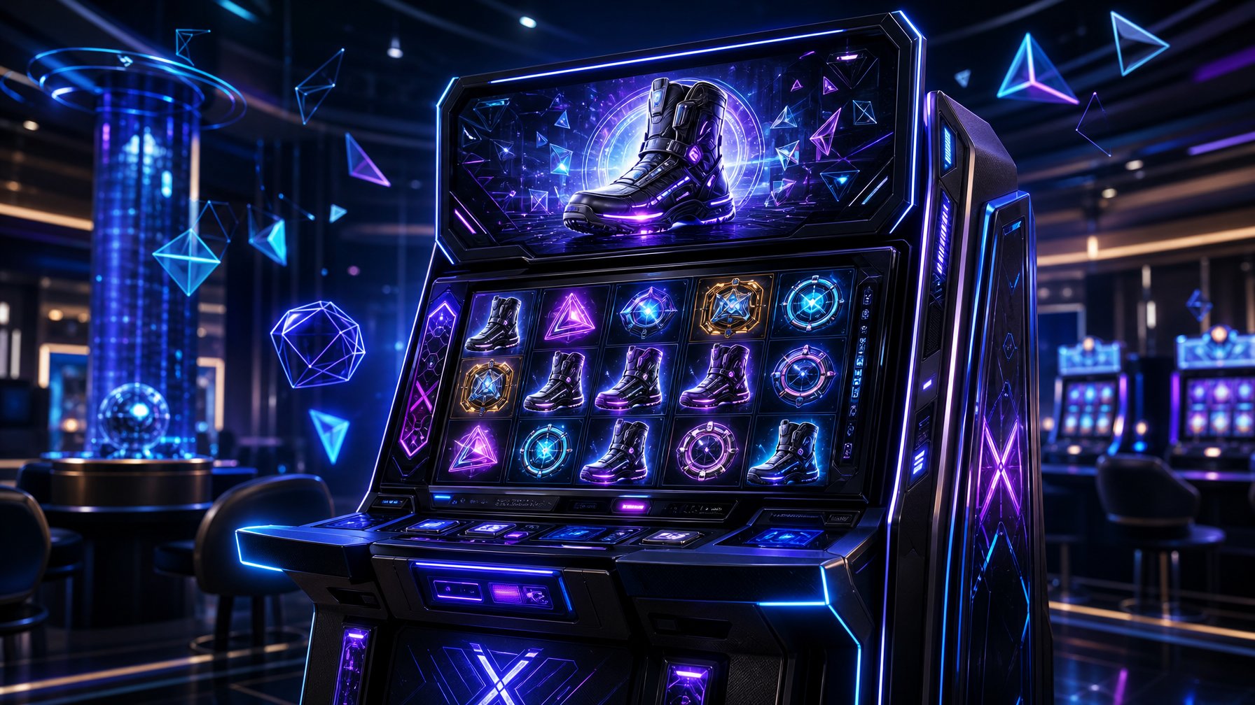 A Futuristic Slot Machine With Glowing Screens And Vibrant Symbols In A Stylish Casino Setting.