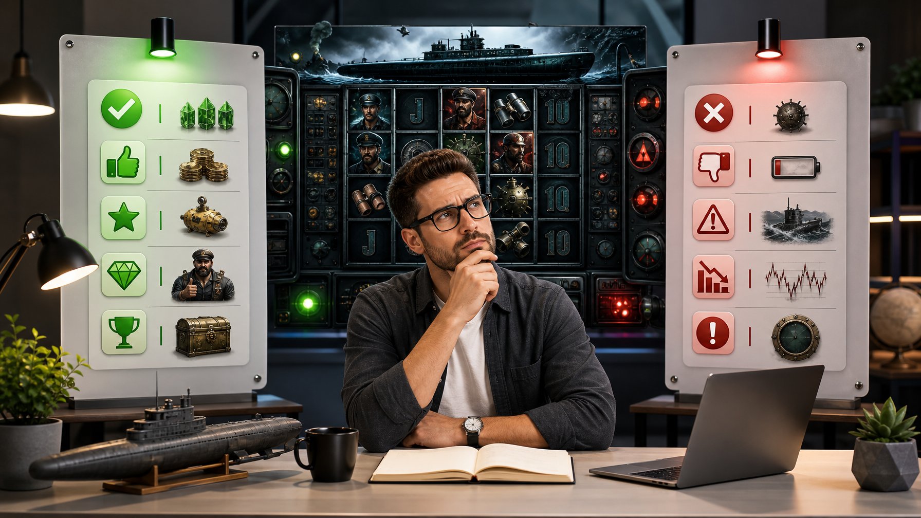 A Person Thoughtfully Reviewing A Slot Game With Two Panels Showing Pros And Cons Symbols, And A Digital Slot Machine In The Background.