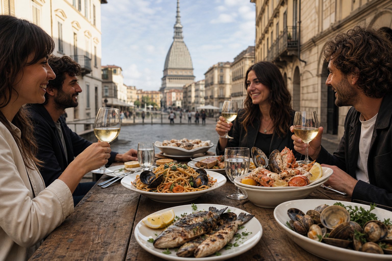 Persone che mangiano piatti di pesce fresco su un tavolo rustico vicino alla Mole Antonelliana a Torino.