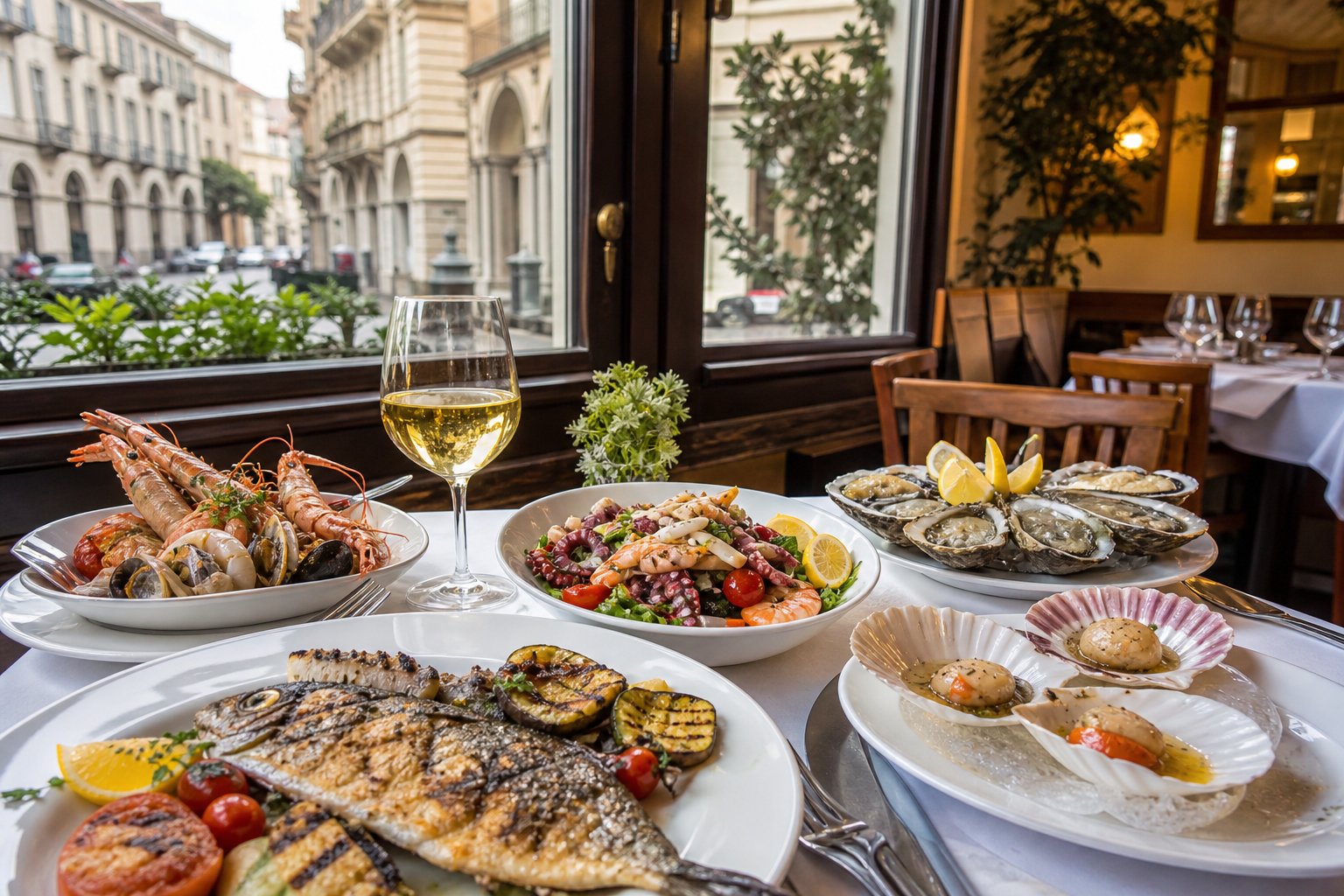 Tavolo di ristorante elegante con piatti di pesce fresco e un bicchiere di vino bianco, con una finestra che mostra una strada urbana di Torino.