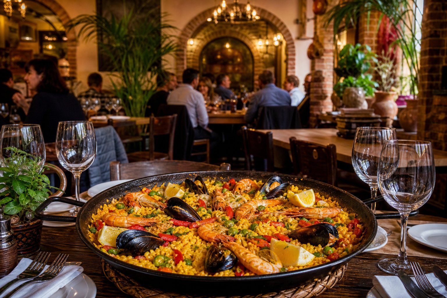 Interno di un ristorante a Torino con un piatto di paella colorato su un tavolo di legno e persone che mangiano nel locale.