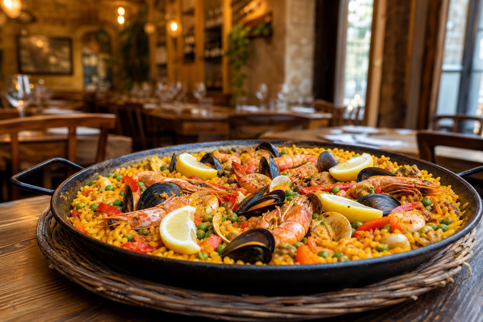 Una paella tradizionale con frutti di mare servita in un ristorante italiano a Torino.