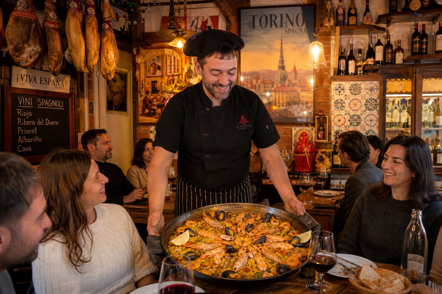 Interno di un ristorante locale a Torino con un grande piatto di paella servito a tavola, persone che mangiano e decorazioni spagnole tradizionali.