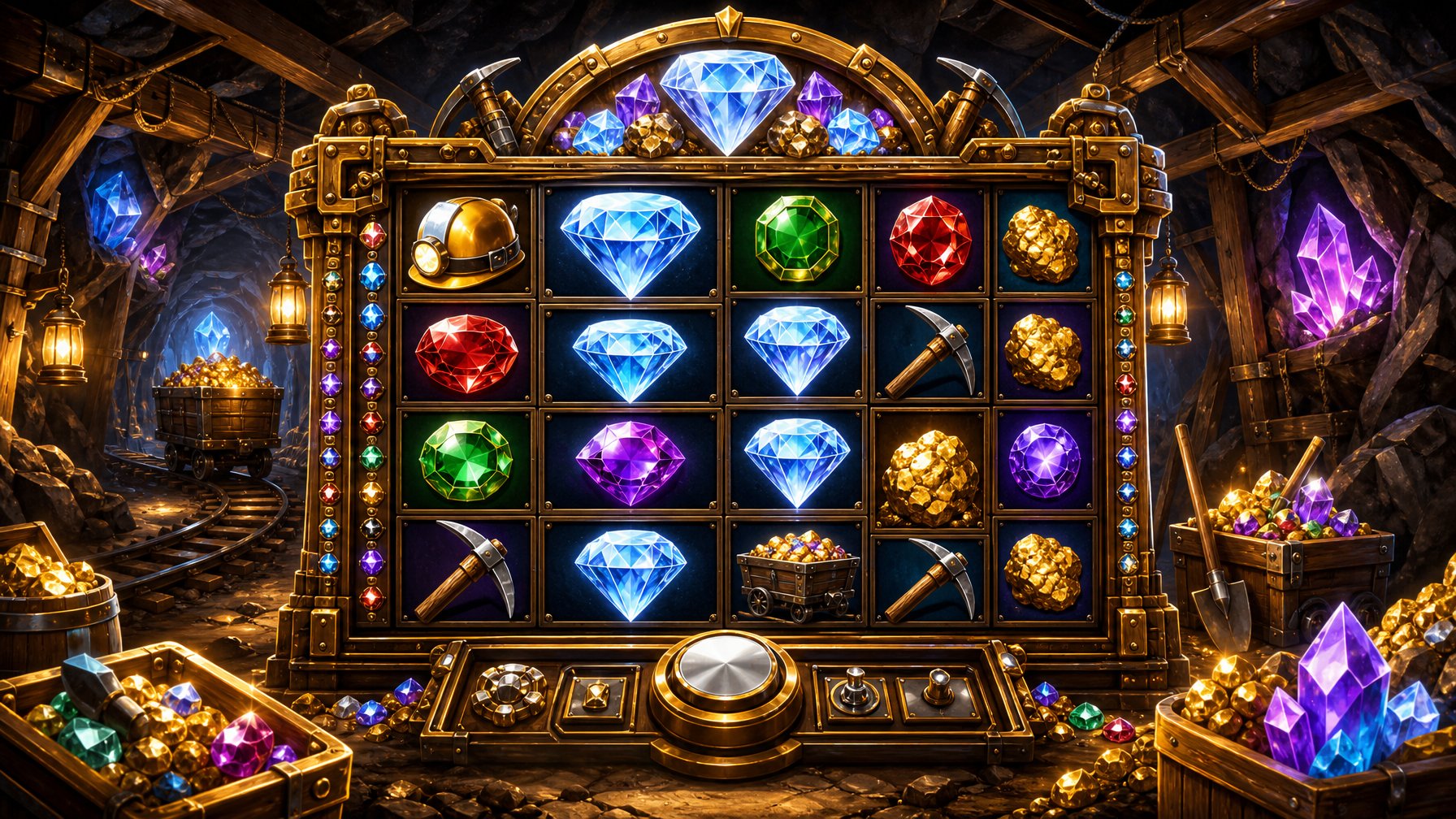 A Detailed Scene Showing A Diamond Mine Slot Machine Surrounded By Sparkling Gems, Mining Tools, And An Underground Mine With Glowing Crystals And Treasure.