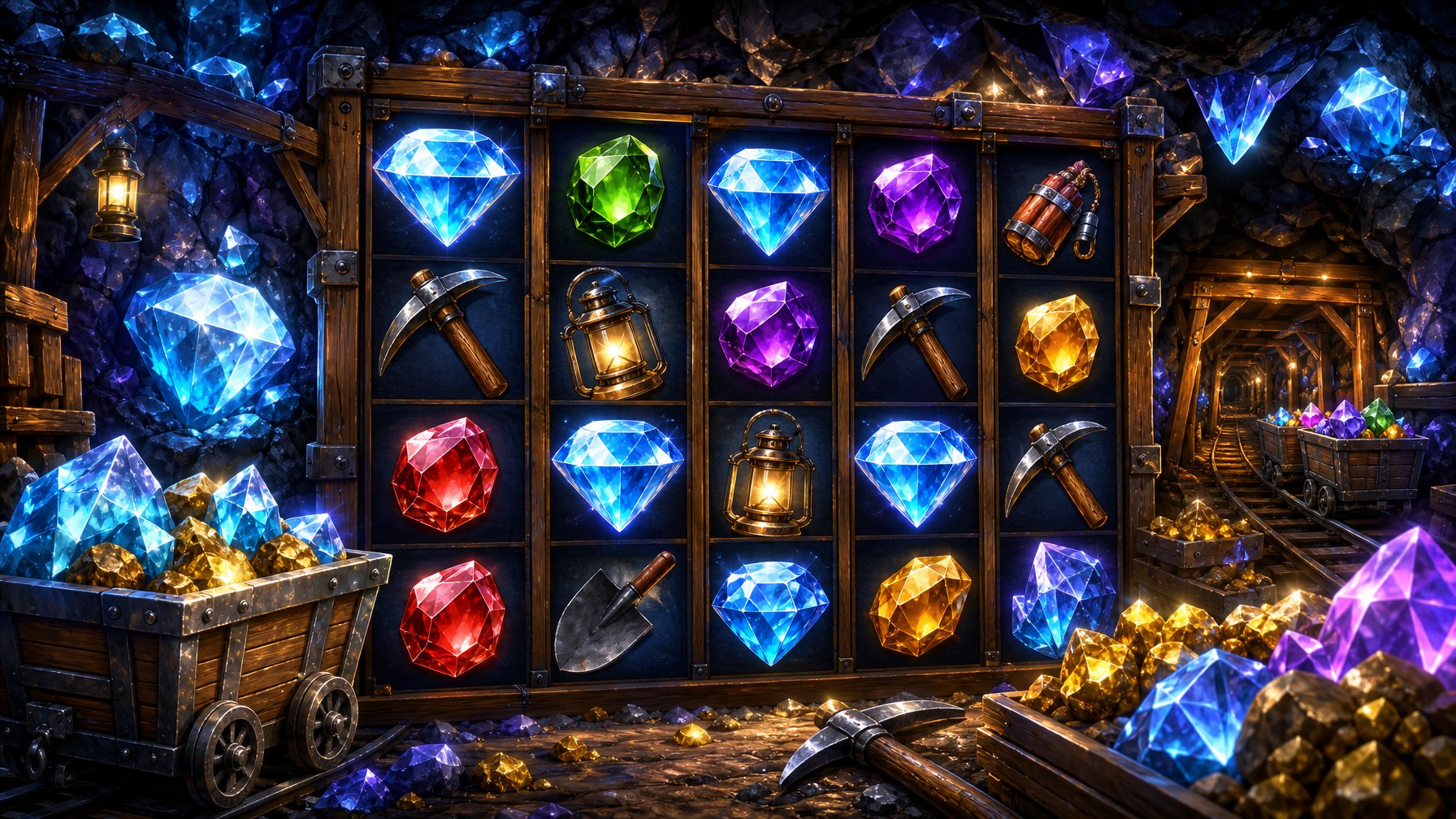 An Underground Diamond Mine Scene With Glowing Gems, Mining Carts, And A Slot Machine Interface Integrated Into The Rocky Environment.