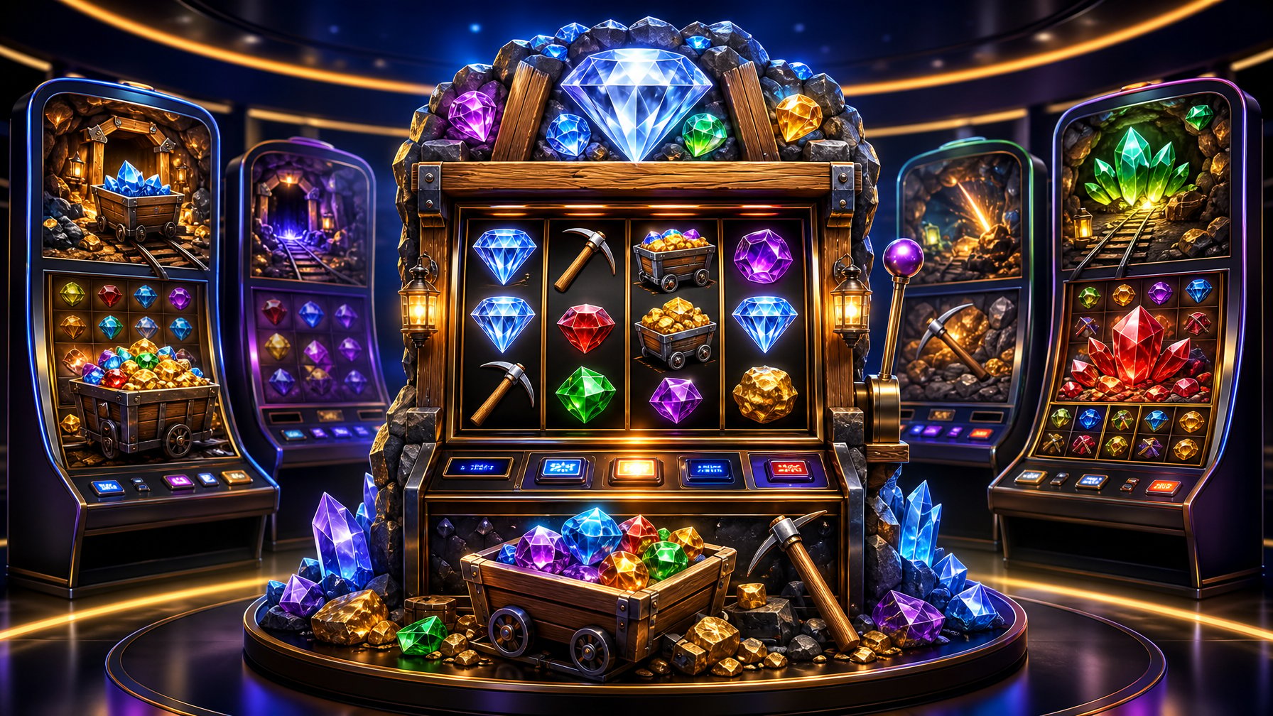 A Casino Slot Machine Themed Around A Diamond Mine With Sparkling Gems And Mining Tools, Surrounded By Smaller Slot Machines Showing Similar Gem And Mining Themes.