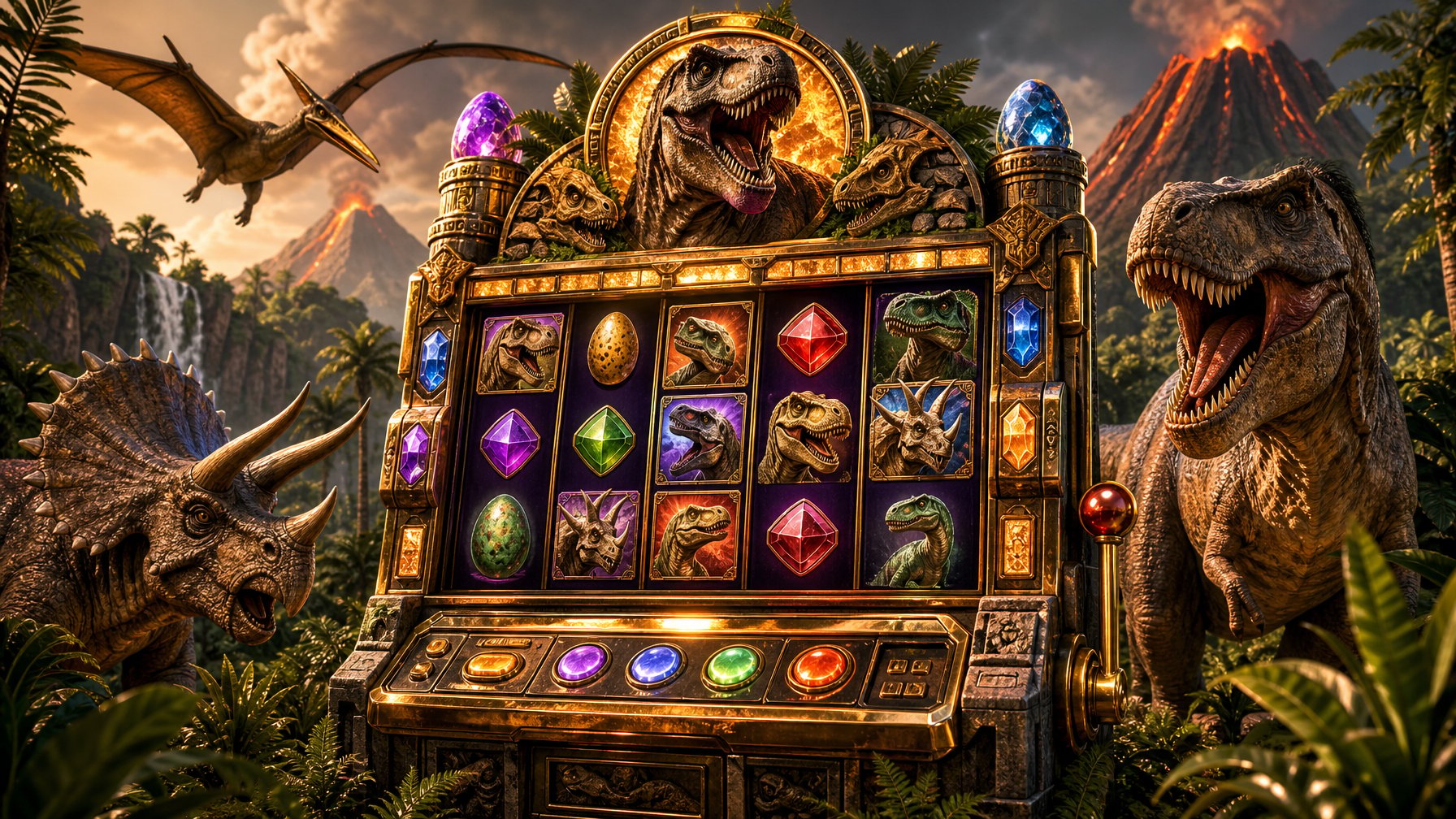 A Colorful Slot Machine Surrounded By Dinosaurs And Prehistoric Jungle Scenery.