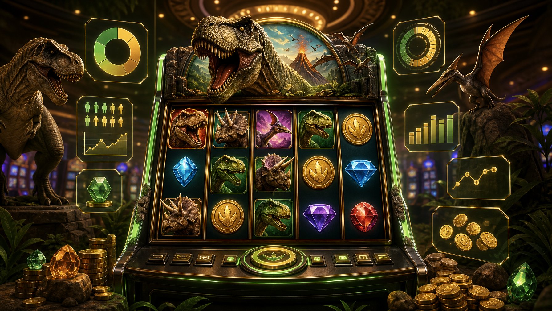 A Casino Slot Machine With Dinosaur Symbols On The Reels And Floating Abstract Graphics Representing Key Numbers And Statistics Around It.