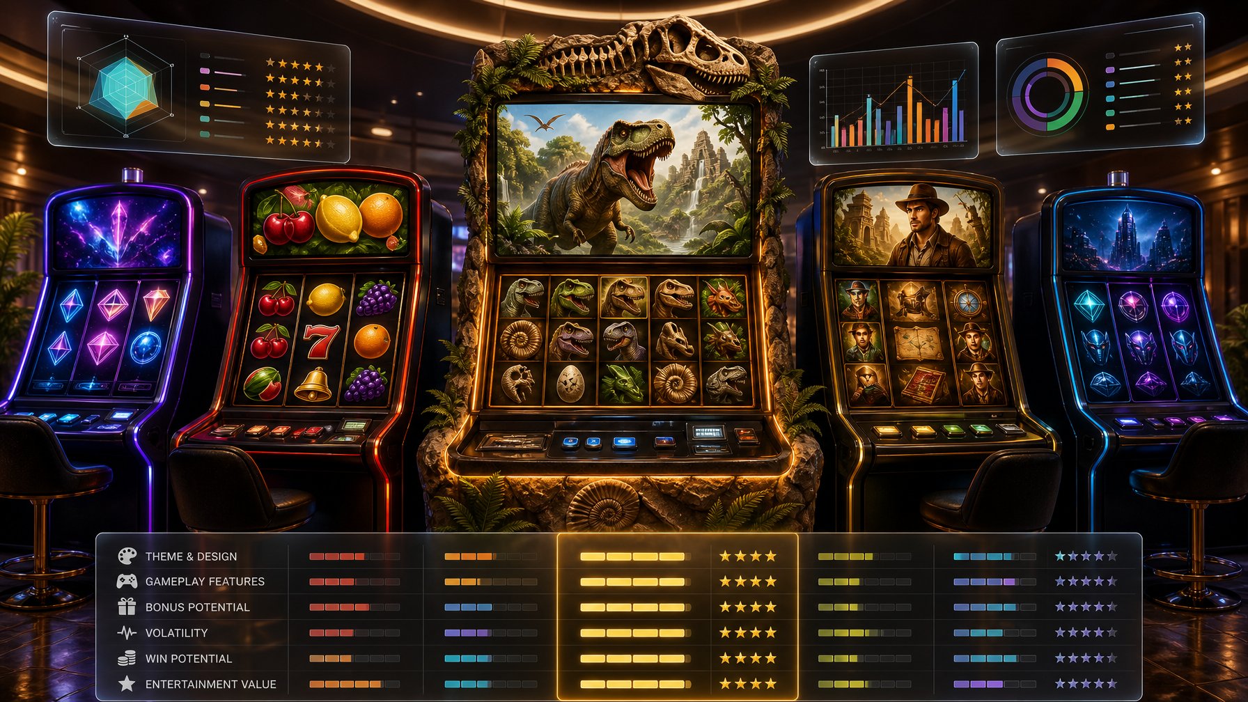 A Casino Scene Showing Several Different Slot Machines Side By Side, With A DinosaurThemed Slot Machine Prominently In The Center, Surrounded By Other Slot Machines With Various Themes.