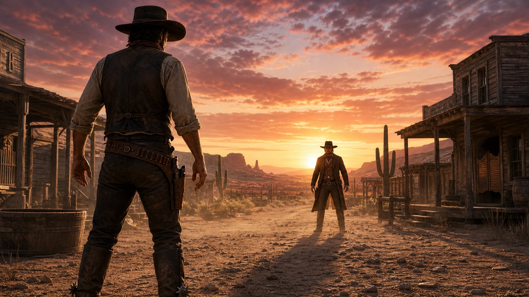 Two Cowboys Face Each Other In A Dusty Frontier Town Street At Dawn, Preparing For A Duel.