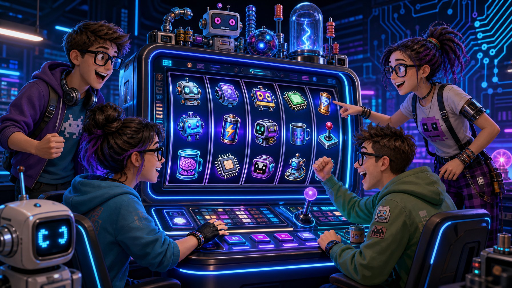 A Futuristic Slot Machine With Glowing Reels Showing Robots And Gadgets, Surrounded By Enthusiastic TechSavvy Characters In A Lively Gaming Environment.