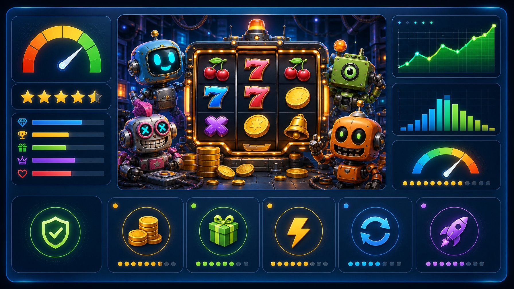 A Digital Dashboard Showing Performance Charts And Playful Robot Characters With Slot Machine Symbols Representing A Slot Game Review.