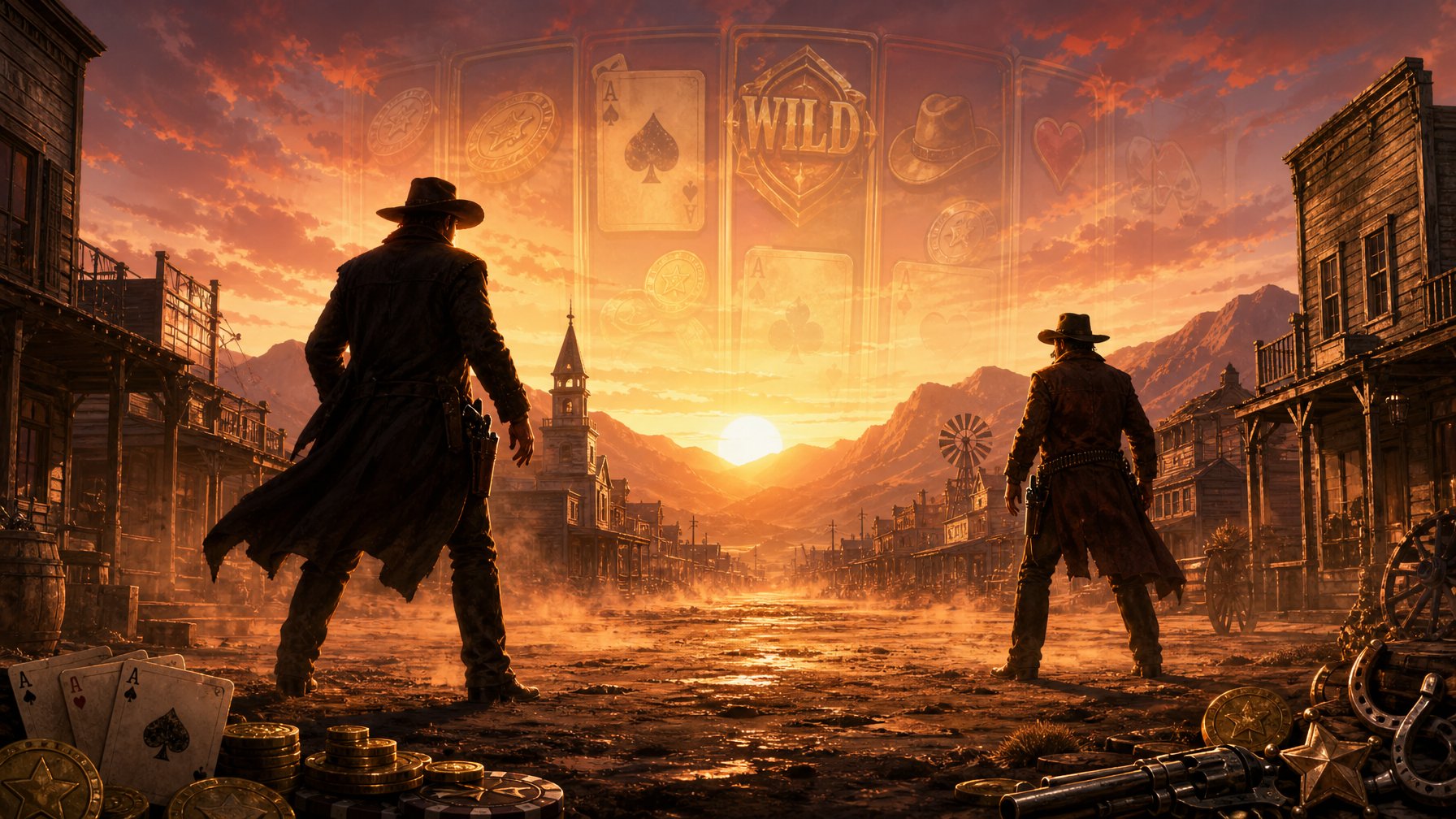 Two Figures Facing Each Other In A WesternStyle Duel On A Dusty Street At Sunrise, With Wooden Buildings And Mountains In The Background.