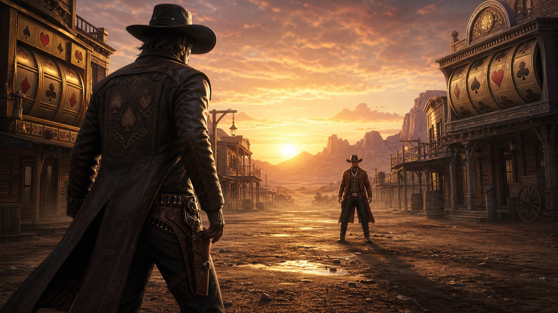 Two Cowboys Facing Each Other In A Dusty Old Western Town Street At Sunrise, Preparing For A Duel.