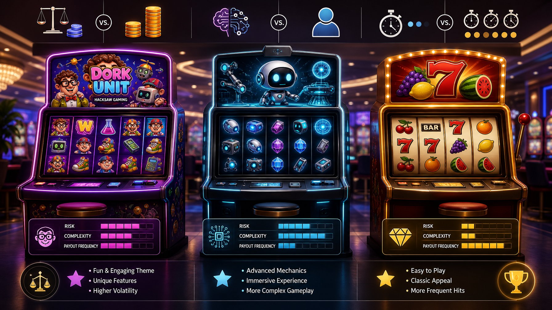 Three Slot Machines Displayed Side By Side In A Casino Setting, Each Showing Different Designs And Features Representing Various TradeOffs And Similarities.