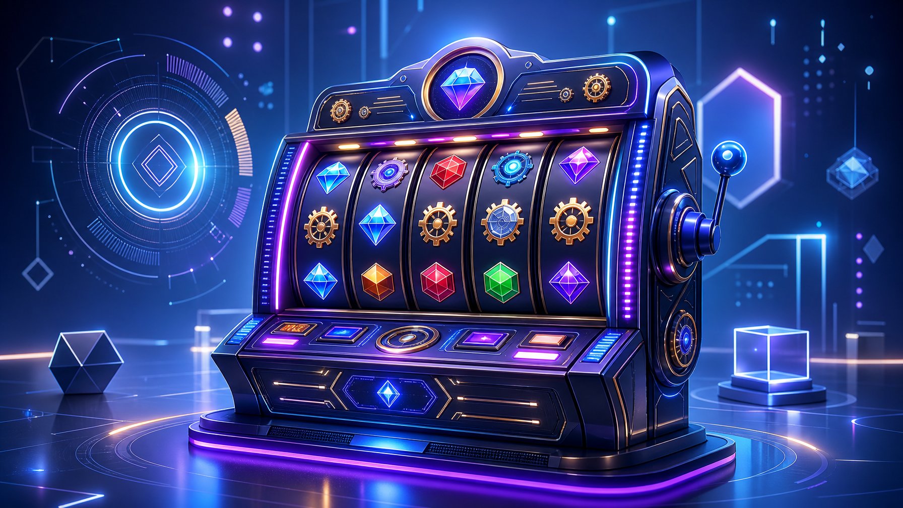 A Detailed Illustration Of A Futuristic Slot Machine With Colorful Reels And Glowing Symbols In A Sleek, Modern Gaming Environment.