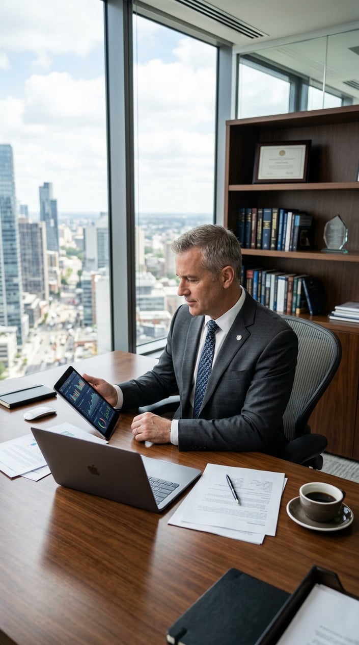 A person in a suit sitting at a desk in an office, analyzing data on a tablet with a city view in the background.