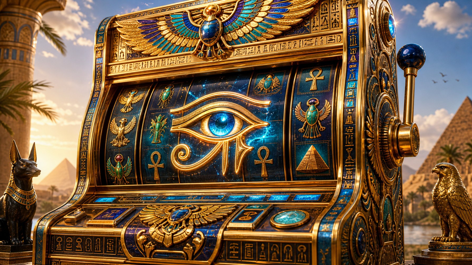 A Large EgyptianThemed Slot Machine Featuring The Glowing Eye Of Horus Symbol On The Reels, Surrounded By Hieroglyphics And Desert Pyramids In The Background.