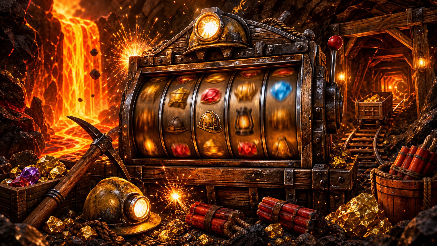A Slot Machine In A Fiery Underground Mine With Glowing Lava, Mining Tools, And Scattered Gold Nuggets.